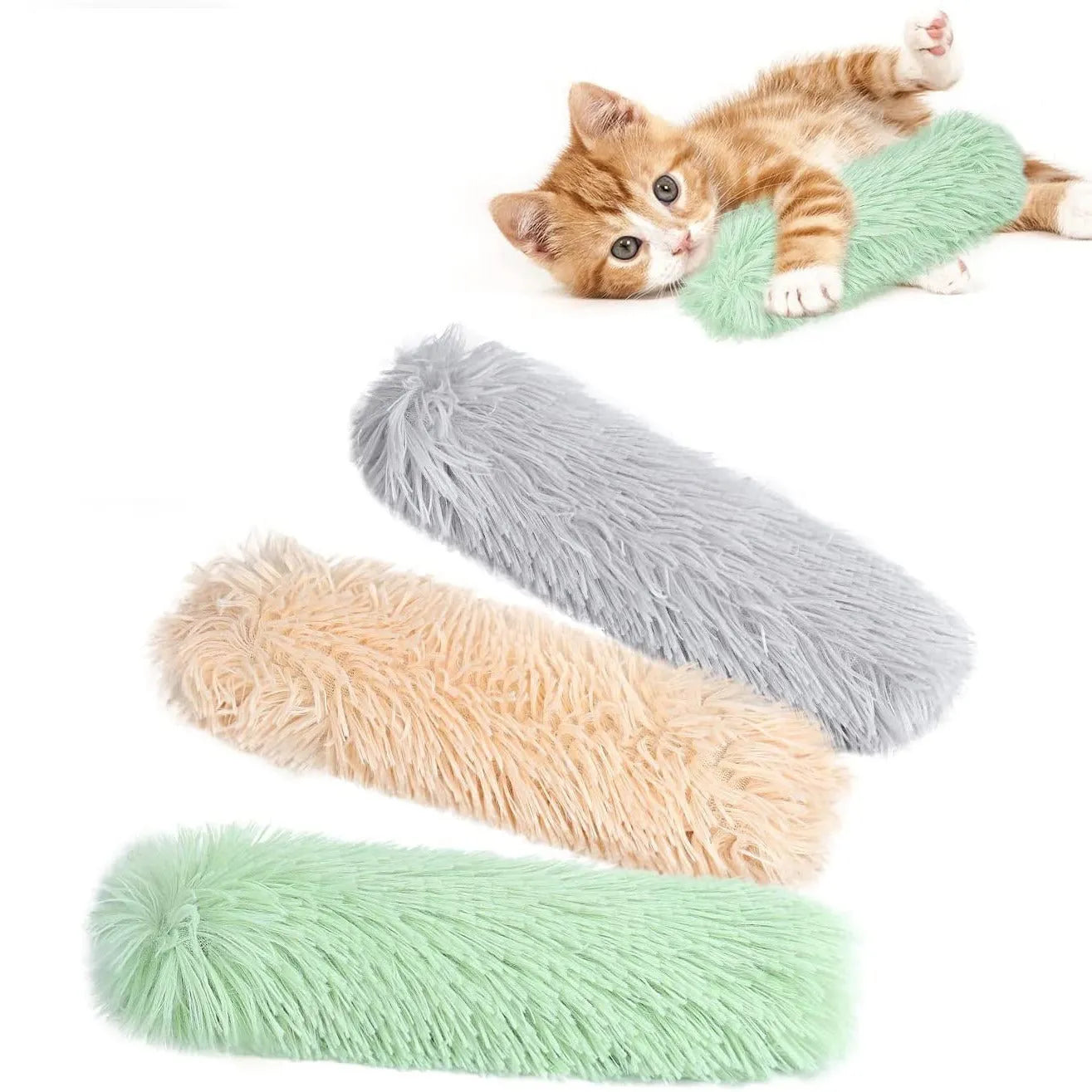 Blue plush cat chew toy pillow measuring 27cm long on a white background.