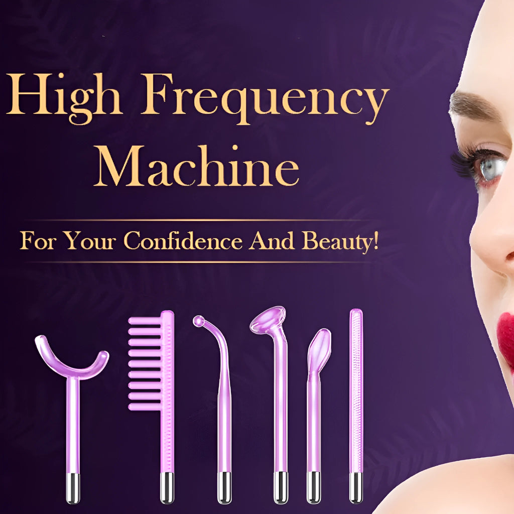 Purple light high-frequency beauty electrotherapy rod appliance with six accessory heads for facial treatment