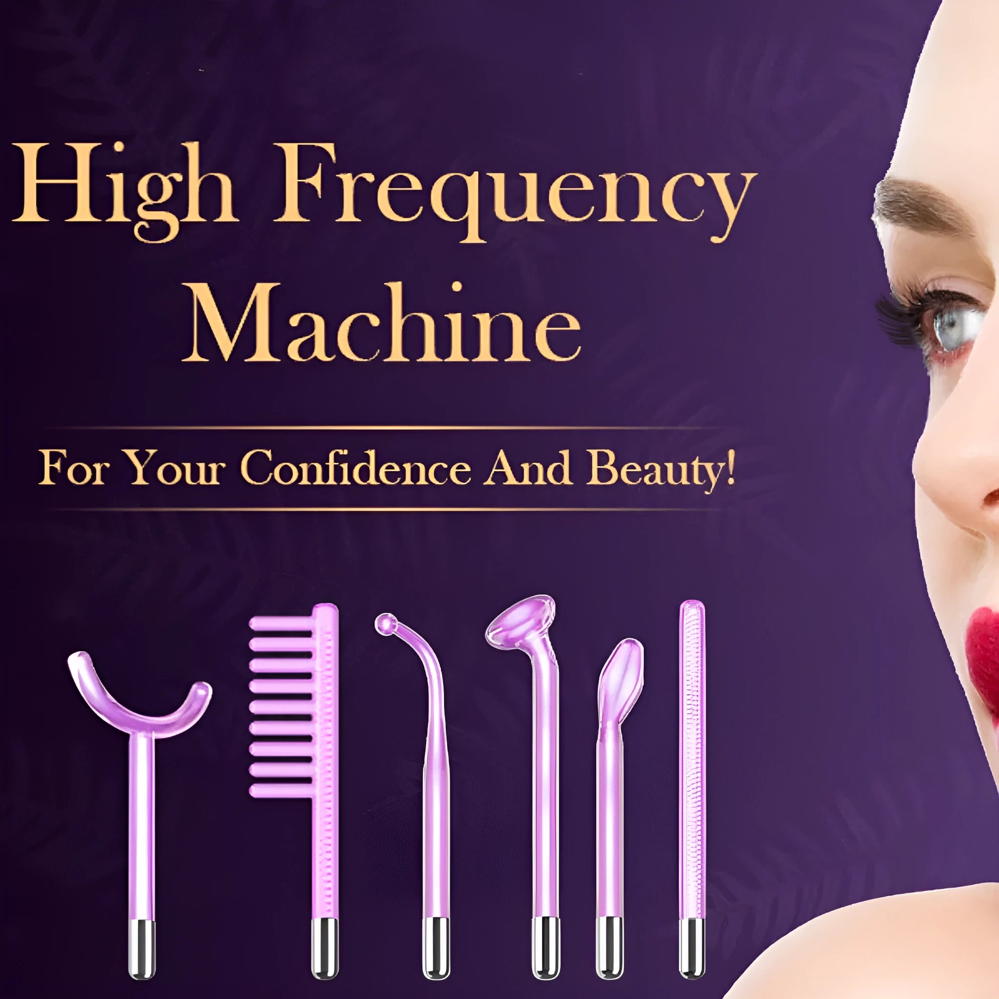 Purple light high-frequency beauty electrotherapy rod appliance with six accessory heads for facial treatment