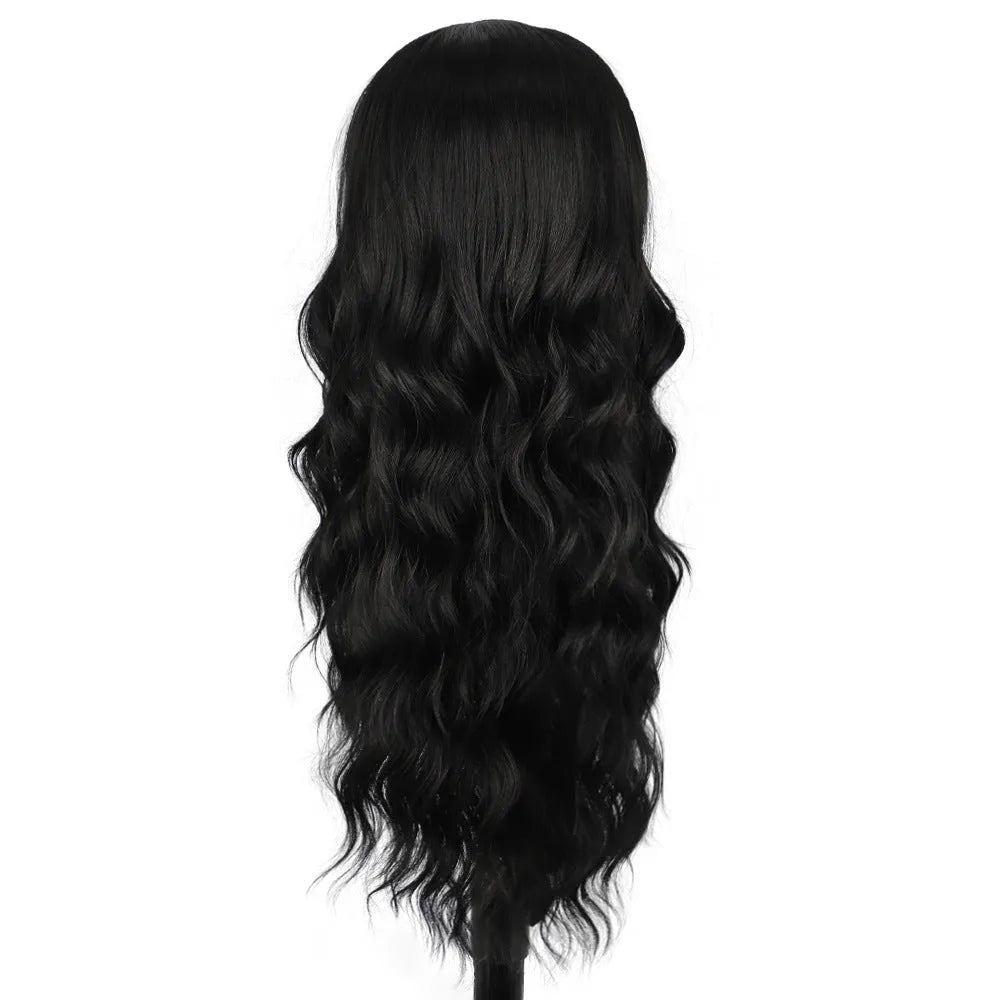 Front lace wig with medium large wavelength curly hair and long bangs for ladies in style shown