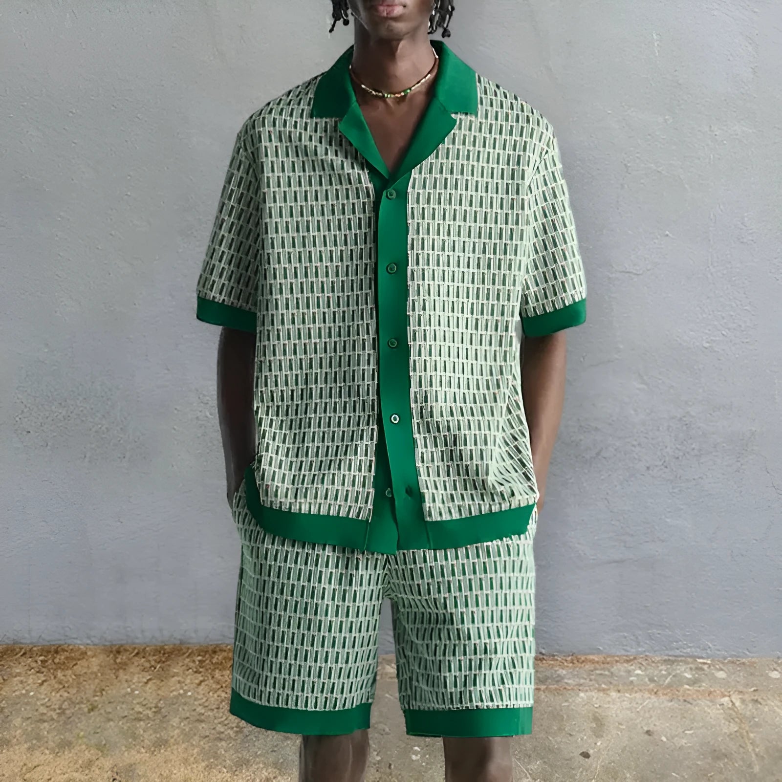 Men's MHX01344 colour printed short-sleeve shirt and shorts two-piece set for beach wear.