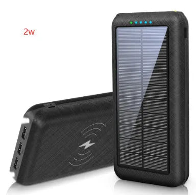 Portable power bank with wireless charging pad and three USB ports in black plastic casing