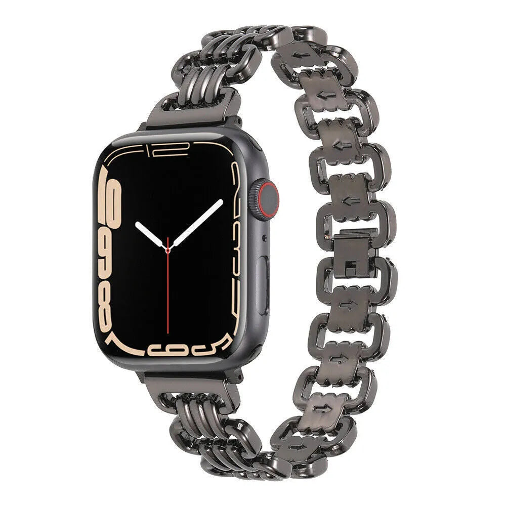 Alloy metal Apple Watch band in rose gold on a wrist, showing the connection to a watch case.