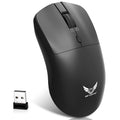 Black wireless computer mouse with three buttons and scroll wheel for laptop and desktop use