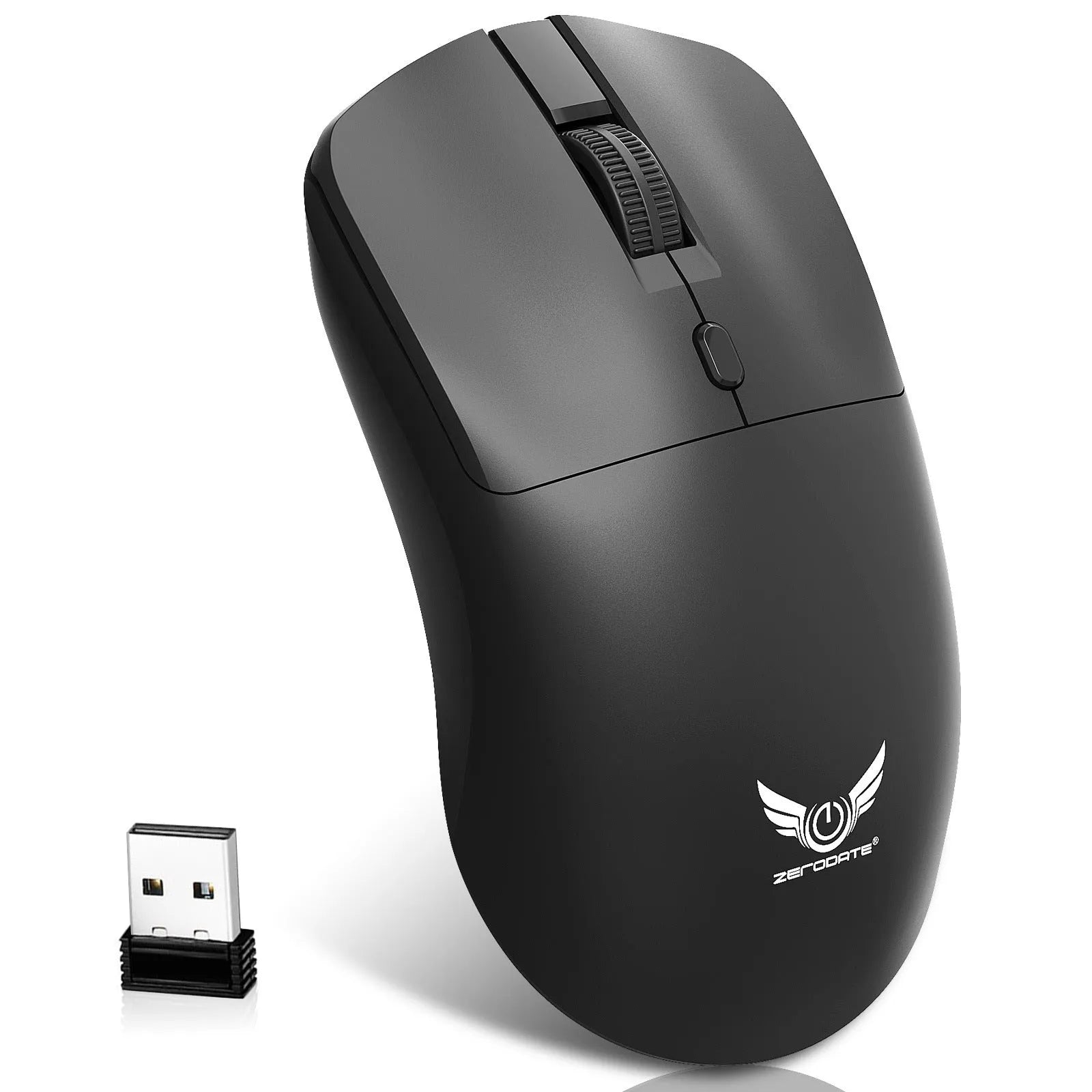 Black wireless computer mouse with three buttons and scroll wheel for laptop and desktop use