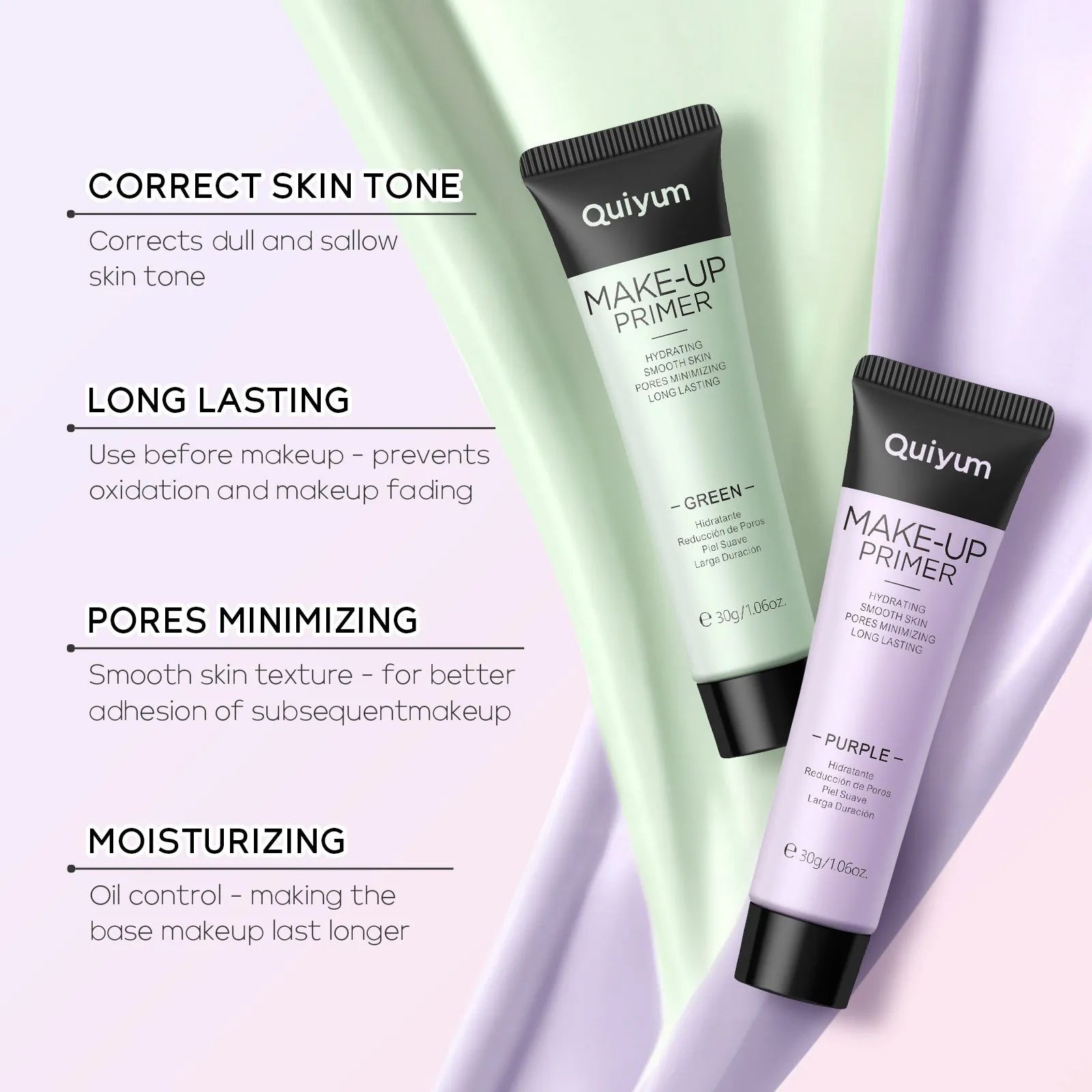 30g colour-correcting makeup primer box showing green, pink, and purple tones