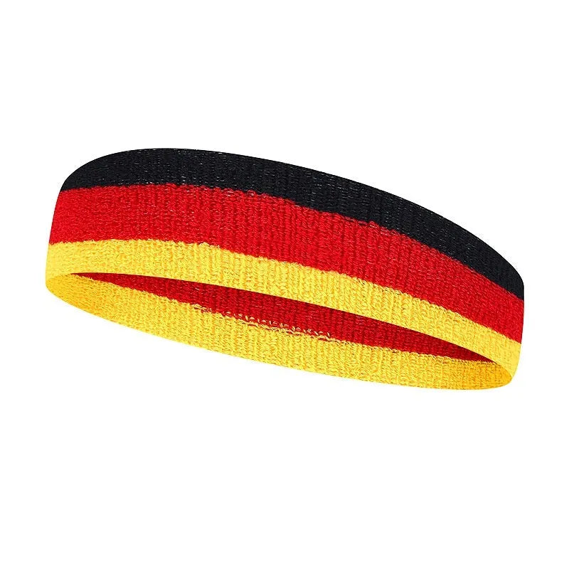 Colourful sports headband for adults in red, yellow, and blue colour combination.