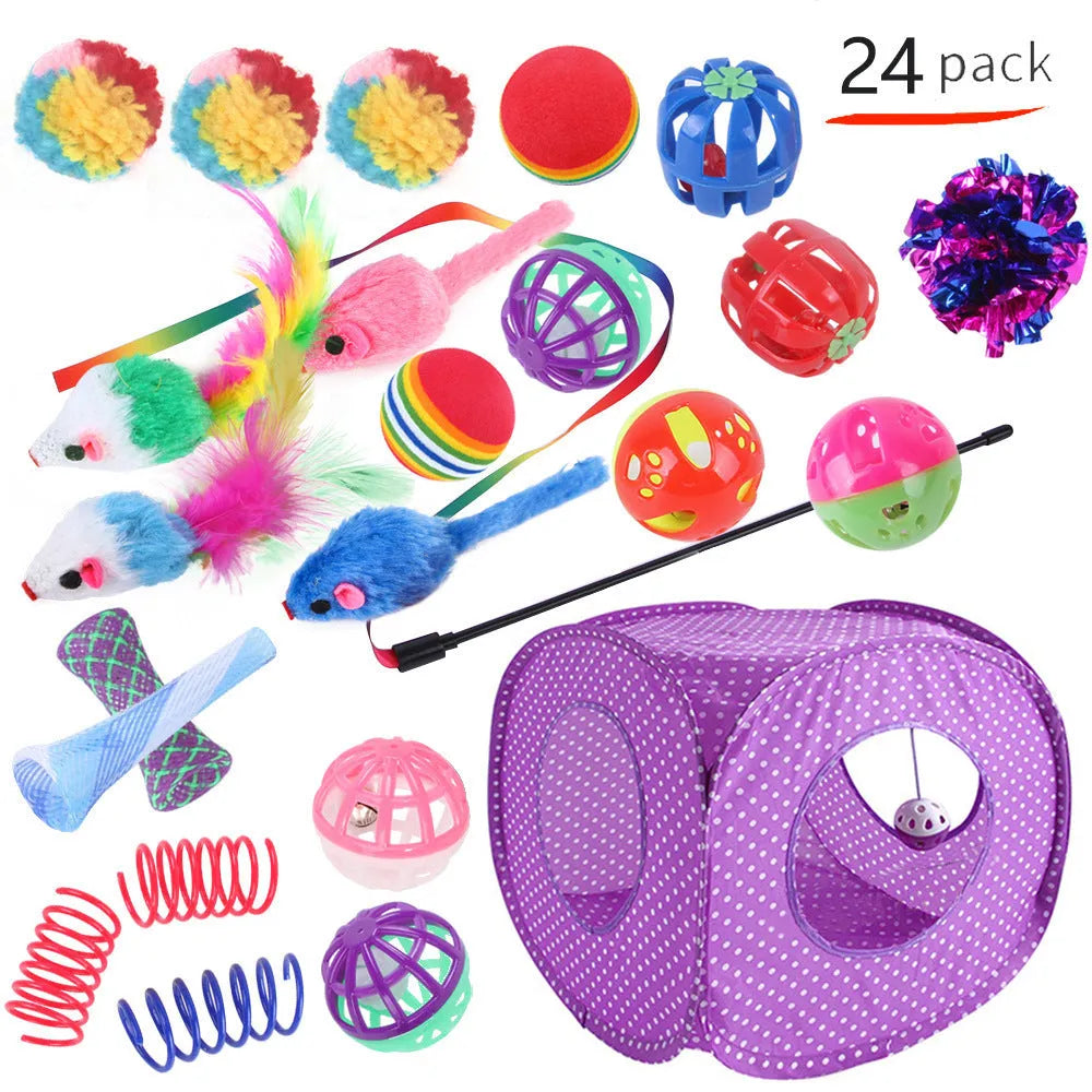 Plastic cat toy channel maze set with coloured accessories for feline play