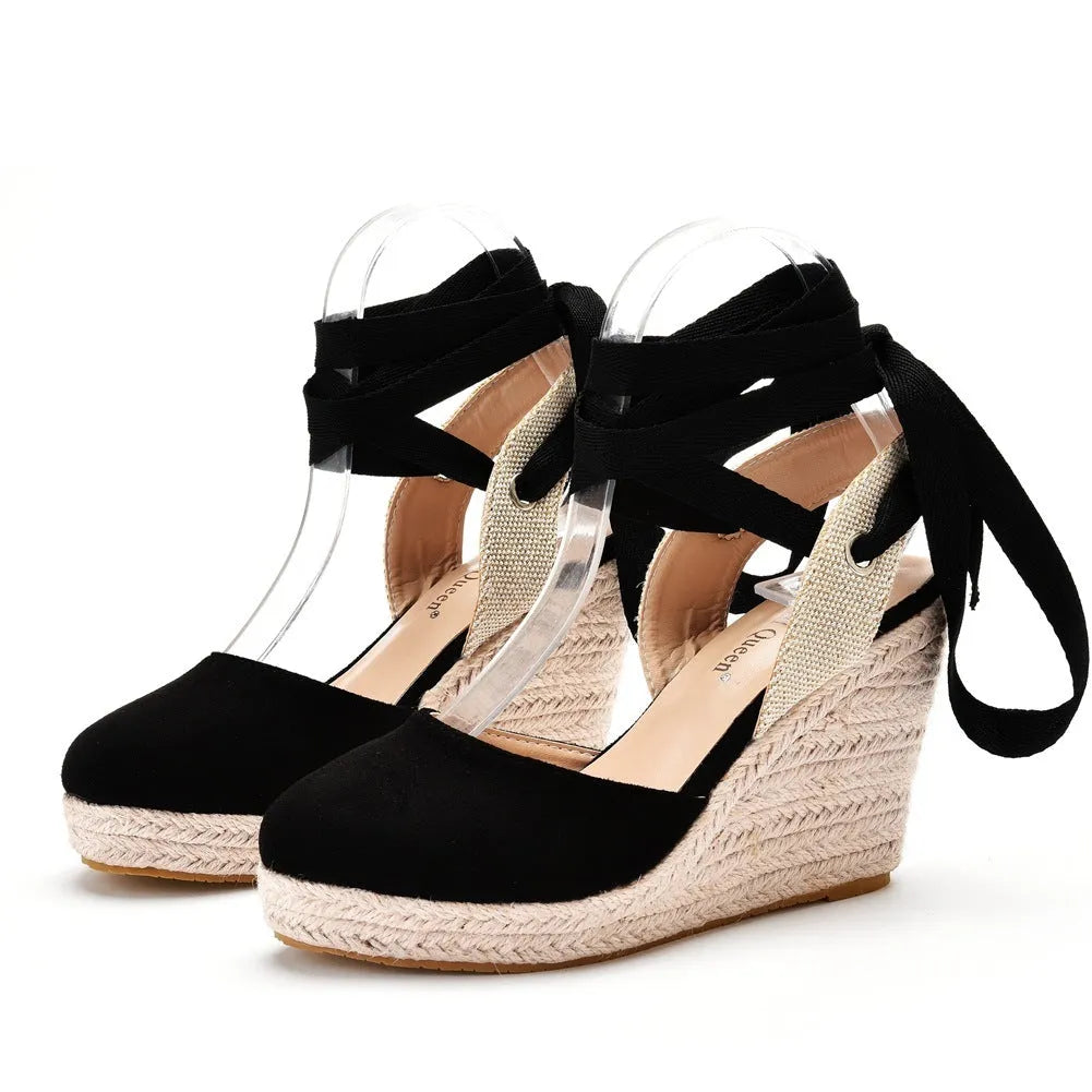 Women's apricot boho wedge sandals with bead and tassel decoration and an adjustable buckle strap.