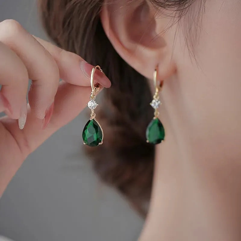 Pair of green geometric teardrop shaped alloy dangle earrings for women