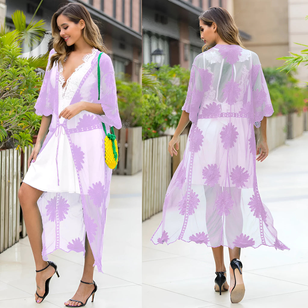Light purple beach dress with embroidery and cotton lining for swimming
