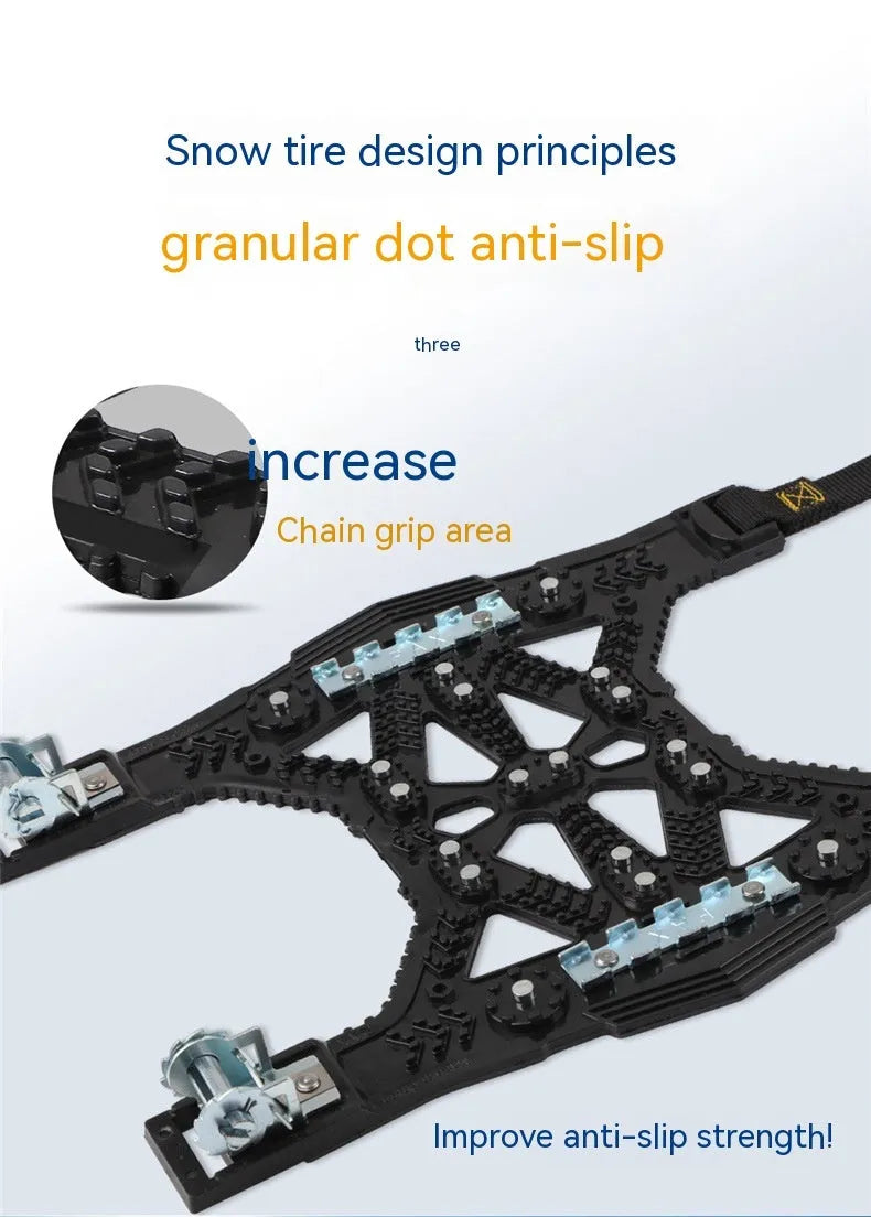 Universal car and SUV anti-skid chain with steel plates, snow shovel, and tools in black or yellow.