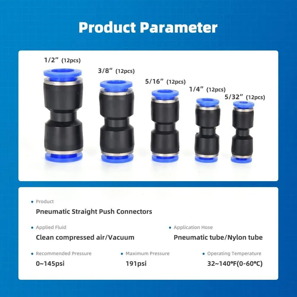 60-piece pneumatic push-in connector set with alloy plastic body and threaded adapters