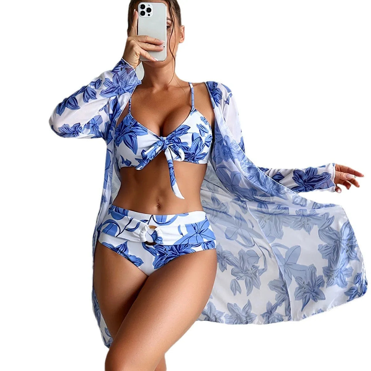 Women's three-piece multicolour printed bikini swimsuit set in polyester with high elasticity for swimming