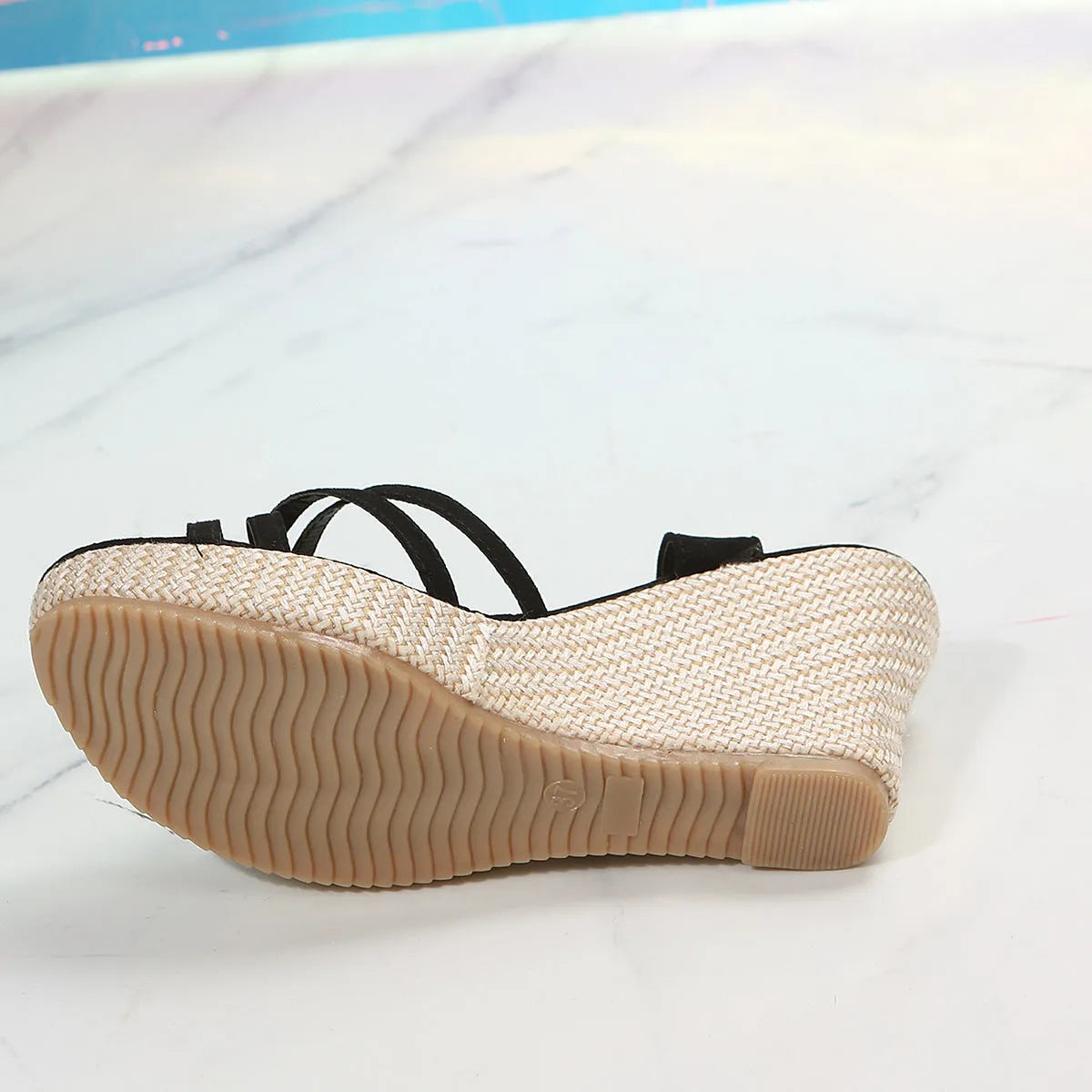 Women's wedge sandals with fish mouth toe design in black and milky white colours