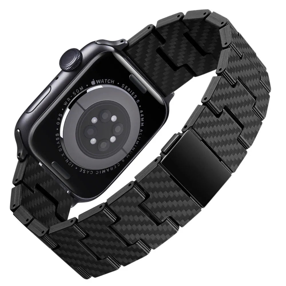 Black carbon fiber watch band for Apple Watch showing chain links and metal clasp on a white background