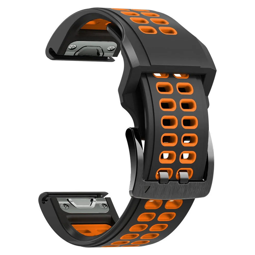 Quick release double row hole silicone watch strap in a two-tone colour on a watch.