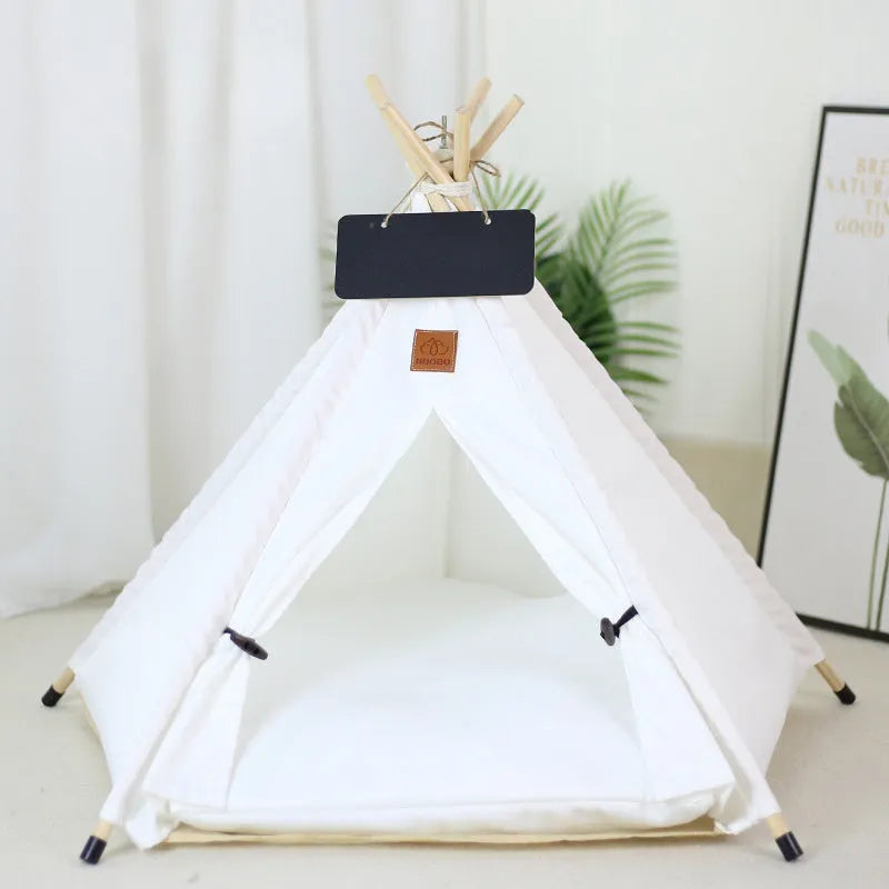 Striped flax and linen pet teepee tent with cushion for small dogs, cats, or rabbits