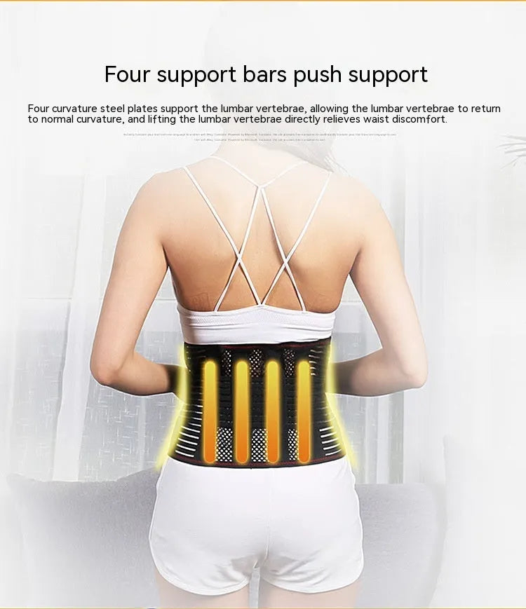 Black breathable sports waist support belt with an internal steel plate for lumbar stabilisation.