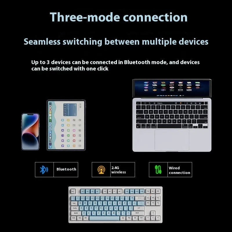 Wireless mechanical keyboard with three connection modes, shown in a choice of 87-key or 108-key layouts and various colour themes.