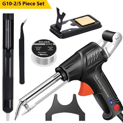 Black alloy soldering gun with LED light in five-piece set showing CN EU US specifications