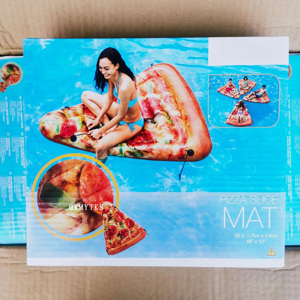 Inflatable pizza-themed surfboard lounger floating on water.