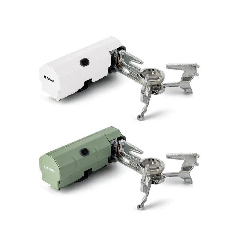 Green folding camping gas stove with adjustable valve and anti-slip feet for outdoor cooking
