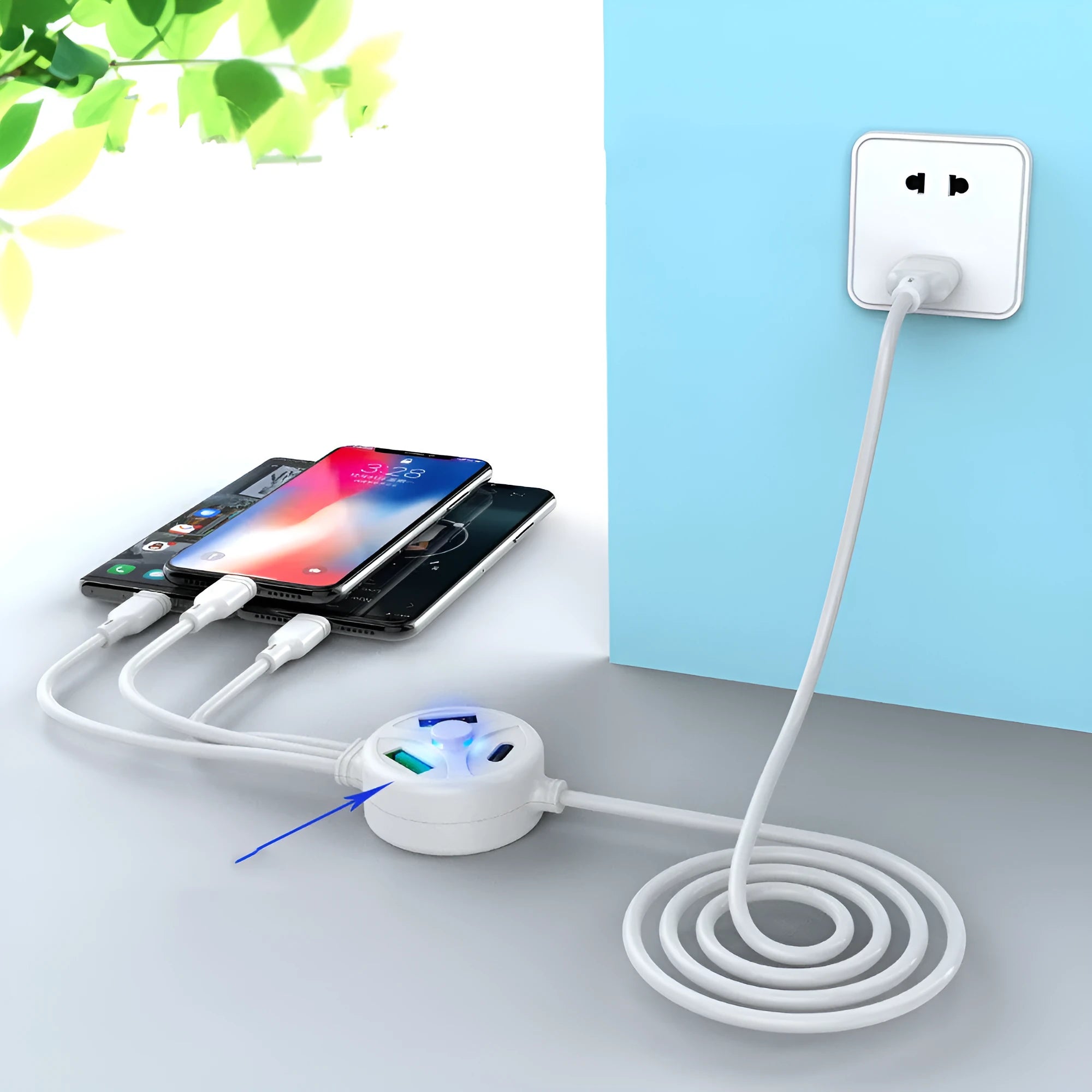 3U interface mobile charging cable with USB, Micro USB and TYPE-C connectors, 1.2 metres long
