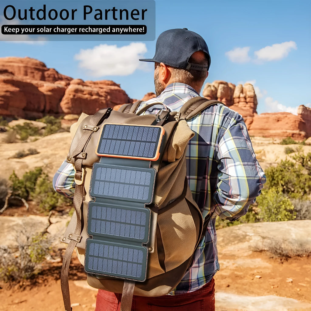 Black solar power bank with leather casing and monocrystalline solar panel showing charging ports and LED light