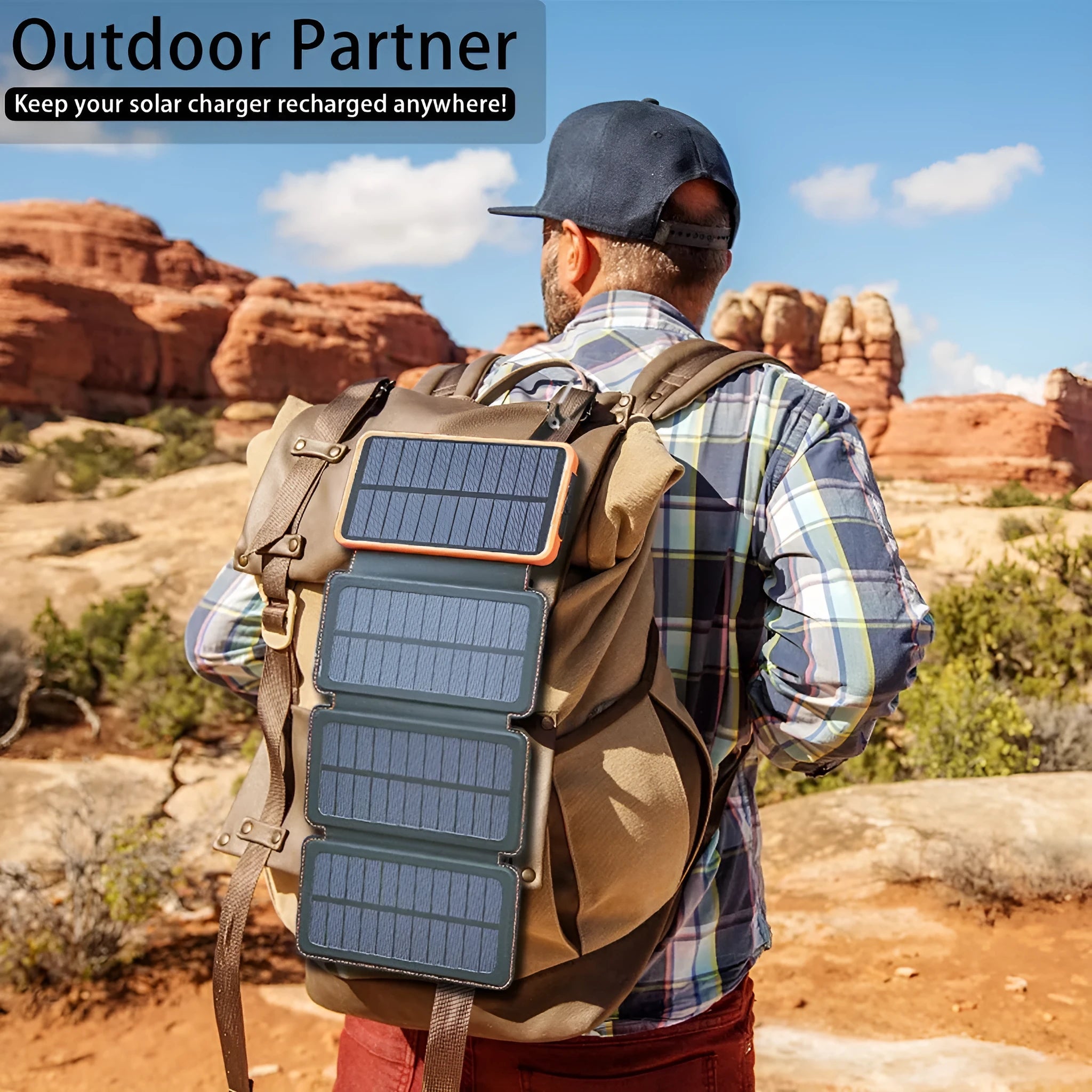 Black solar power bank with leather casing and monocrystalline solar panel showing charging ports and LED light