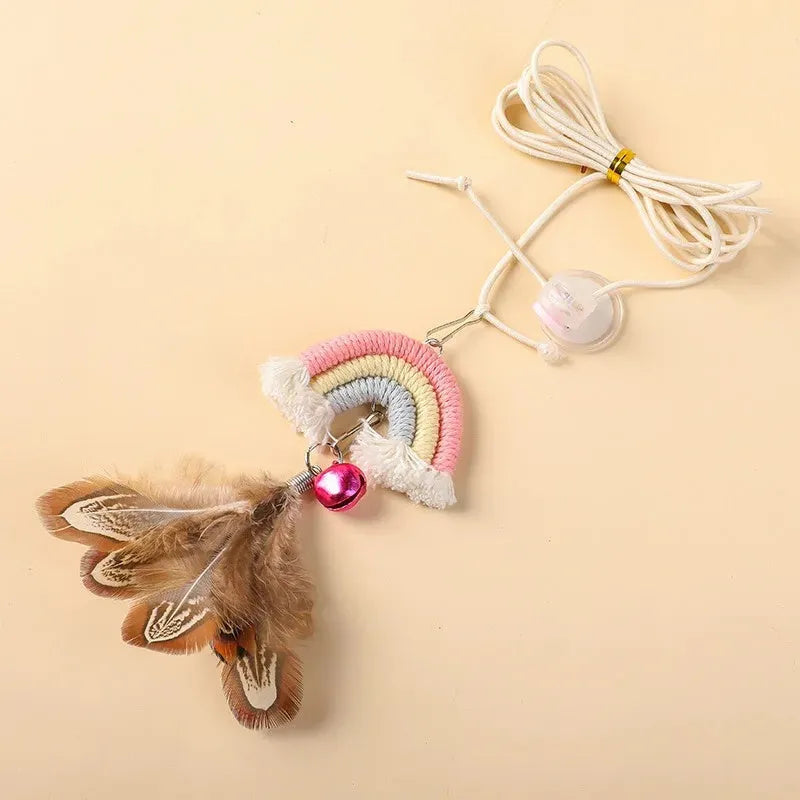 Blue feather cat rope door toy with elastic swing and sticky buckle clamp for feline entertainment