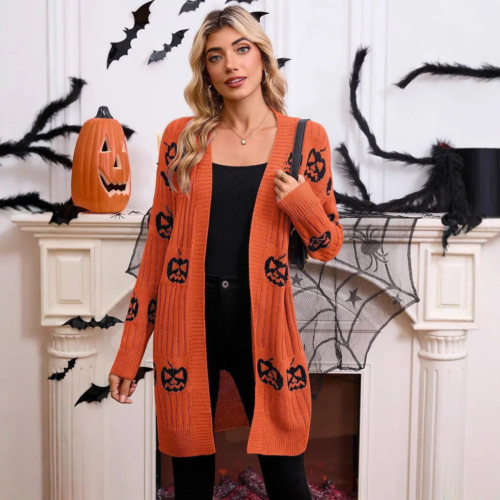 Women's black Halloween cardigan with knitted pumpkin head pattern, straight fit with regular sleeves