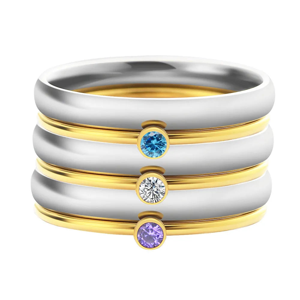 December birthstone engraved titanium steel ring with geometry shape and steel lettering on band.