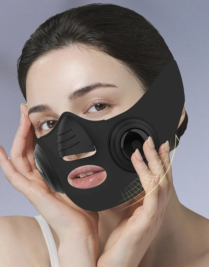 Black at-home photon facial beauty mask device with USB cable.