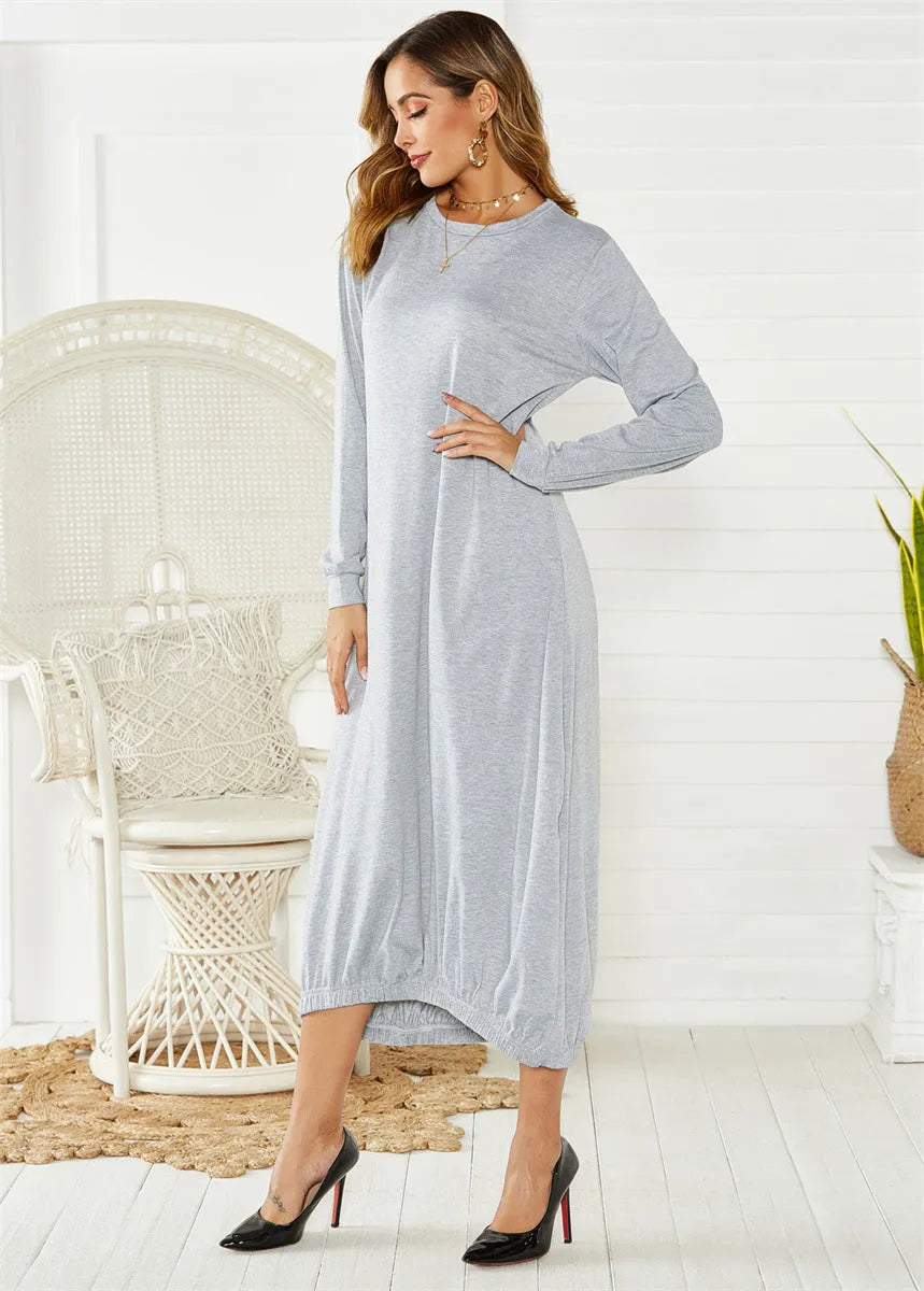 Black lantern dress with lace-up crew neck and loose silhouette for casual wear