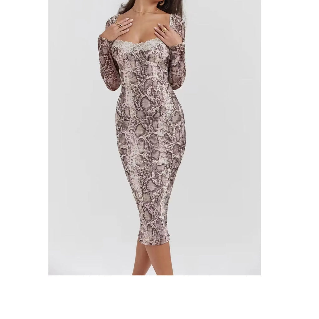 Grey digital printed lace dress with 3D pattern, long sleeves and A-line skirt