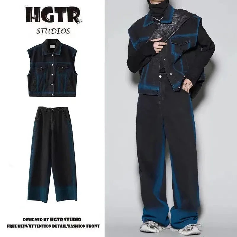 Blue distressed vest and jeans two-piece suit set with spray colour gradient on fleece-lined polyester.