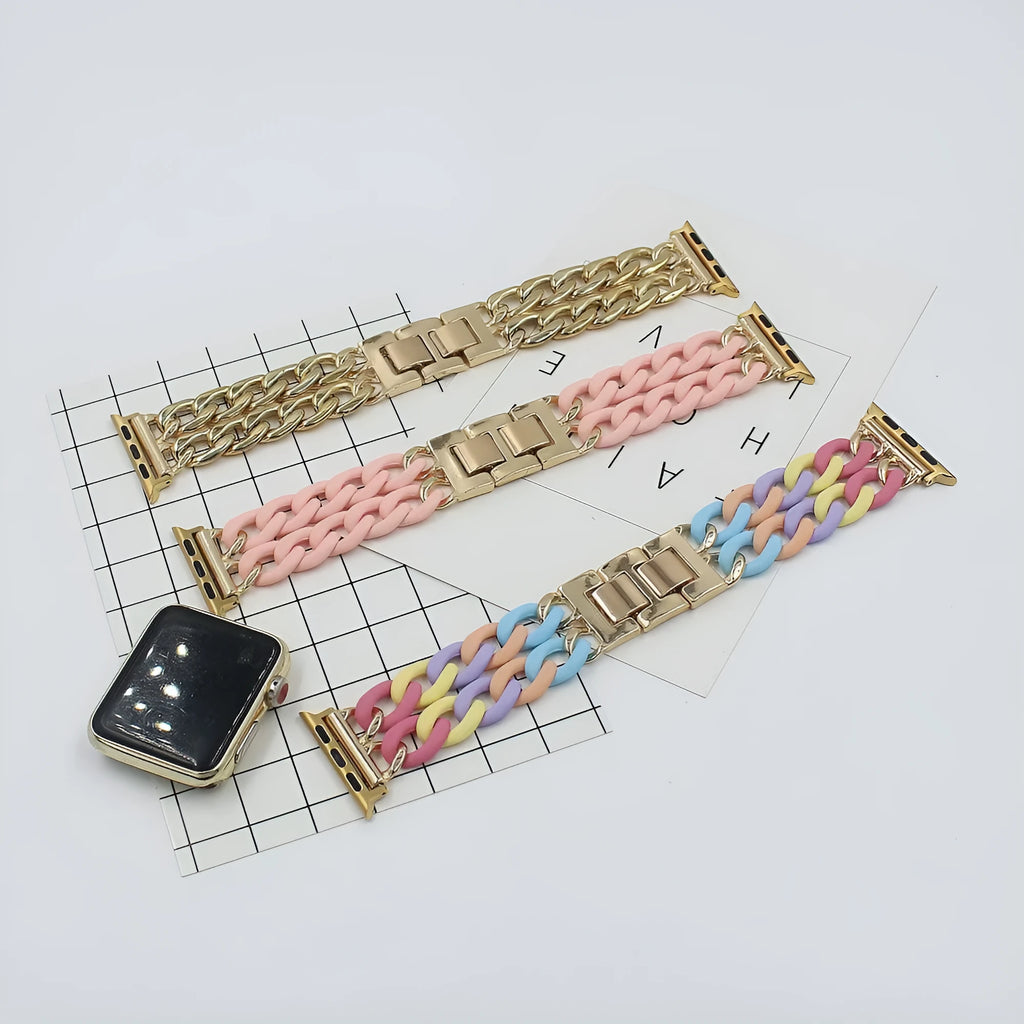 Resin splicing metal denim chain watch strap in silver on a wrist