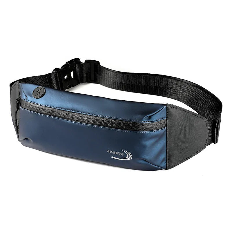 Men's waterproof waist bag in Oxford polyester with adjustable belt showing black, blue, and grey colour options