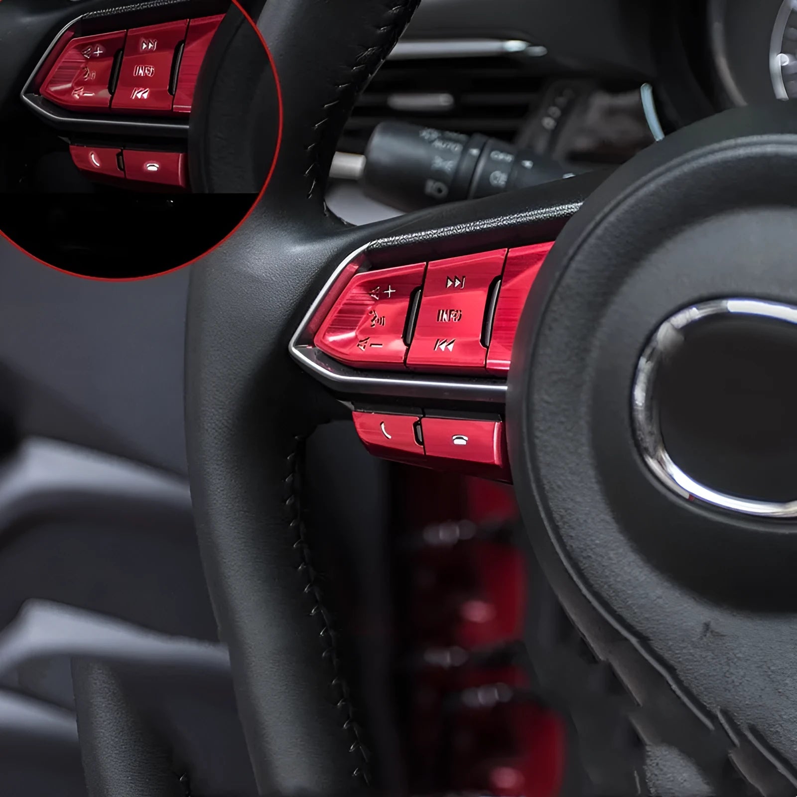 Aluminium alloy decorative stickers for car steering wheel buttons in brushed red, silver, and blue colours