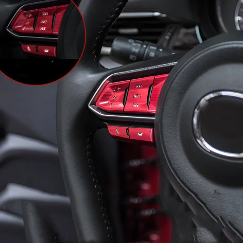 Aluminium alloy decorative stickers for car steering wheel buttons in brushed red, silver, and blue colours
