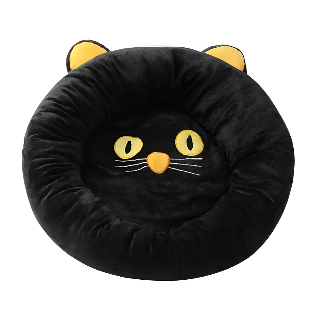 Black cat shape velvet pet nest bed with raised edges, 50cm diameter, on floor
