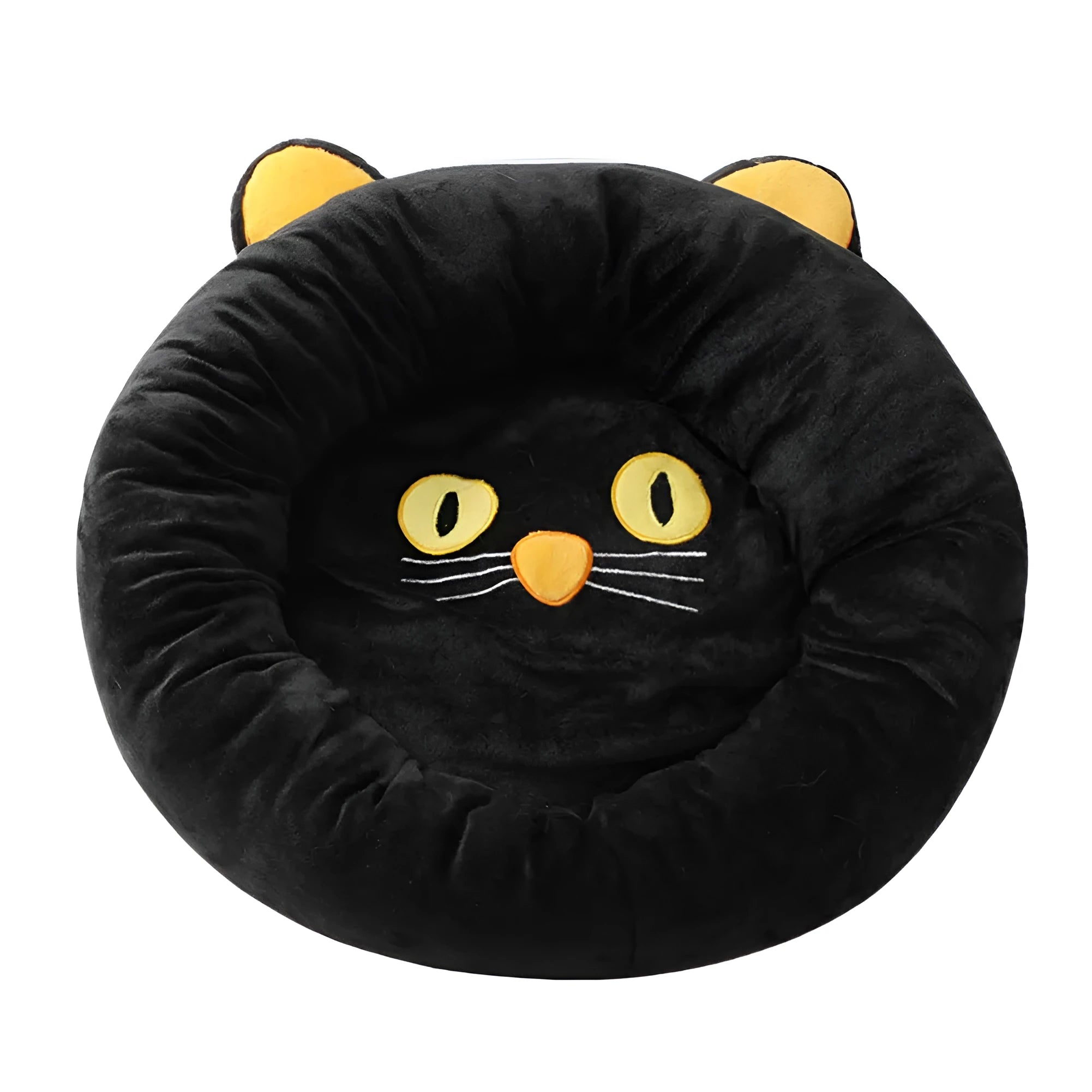 Black cat shape velvet pet nest bed with raised edges, 50cm diameter, on floor