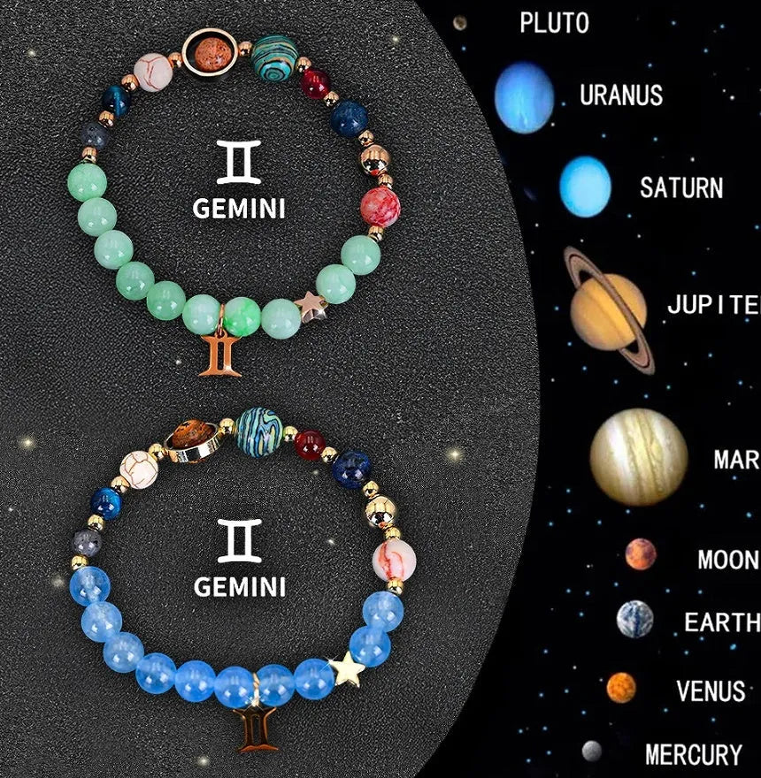 Two natural stone beaded bracelets with Chinese zodiac animal designs on elastic wristbands.