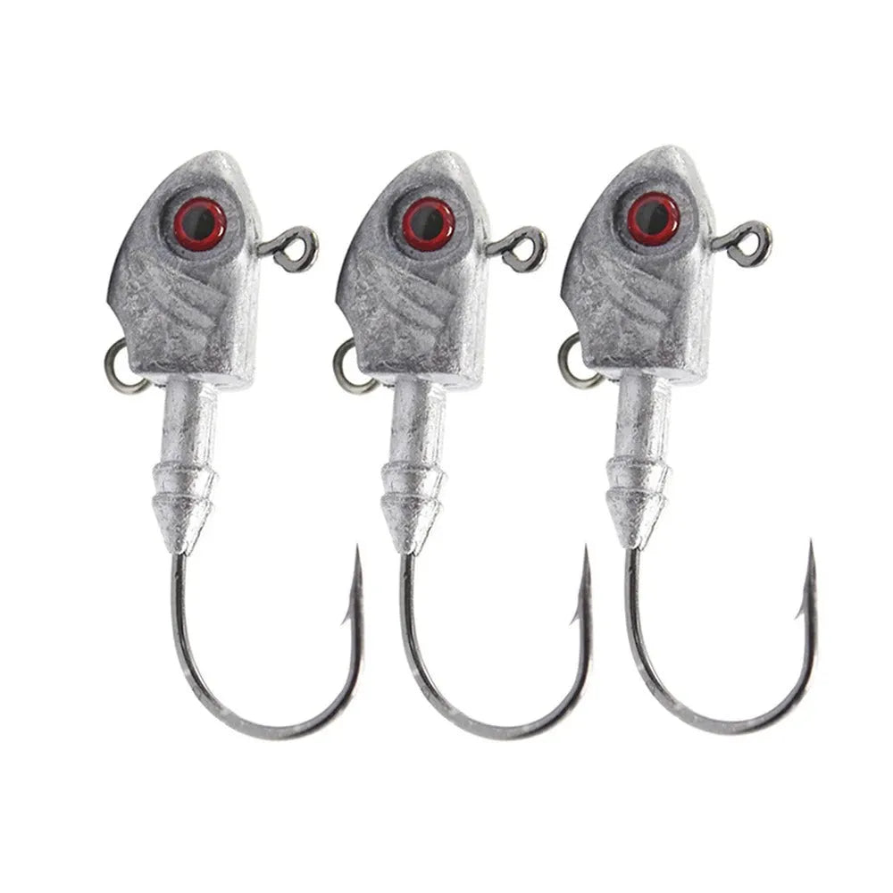 Yayu shaped lead head fishing hook in blue, silver, and yellow colours showing different weight sizes