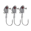 Yayu shaped lead head fishing hook in blue, silver, and yellow colours showing different weight sizes