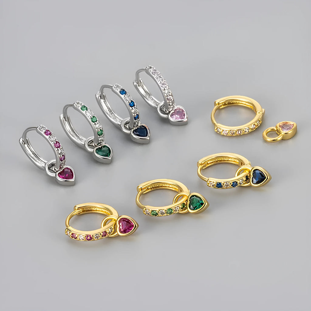 Women's heart drop earrings with coloured zircon stone in gold tone setting