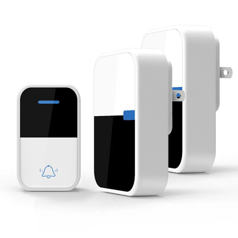 Modern white wireless doorbell kit with self-generating button and receiver showing dimensions