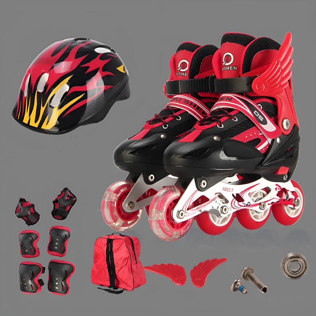 Children's adjustable roller skates with aluminium frame and protective gear including helmet, pads, and backpack