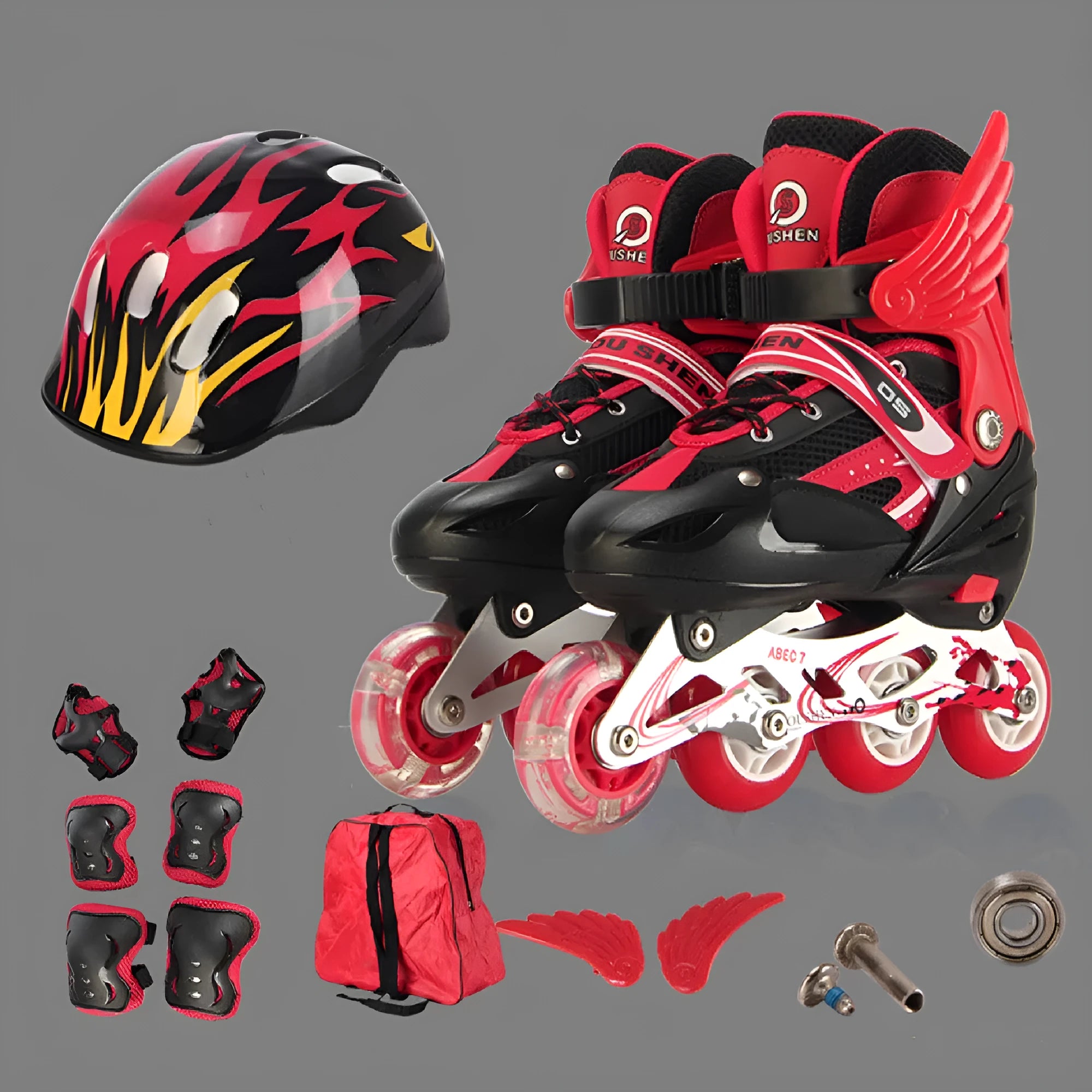 Children's adjustable roller skates with aluminium frame and protective gear including helmet, pads, and backpack